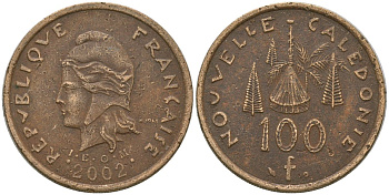 Французская Новая Каледония 100 франков 2002 хижина среди сосен и пальм, (IEOM) KM 15, Schoen 16, Lec 139f никель латунь 4149-116