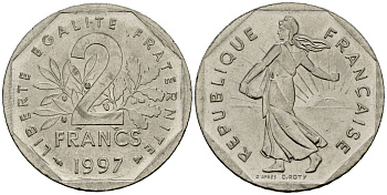 Франция 2 франка 1997 сеятель KM 942.1 никель 4120-426