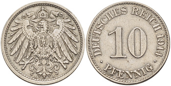 ГЕРМАНИЯ 10 ПФЕННИГОВ 1914 A KM 12, J. 13 медно-никель 31-1153