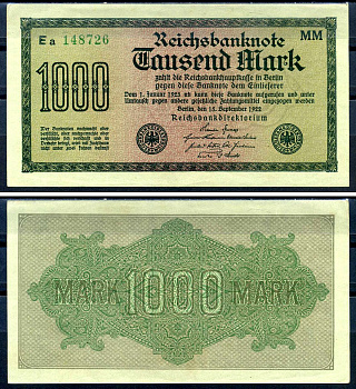 Германия 1000 марок 1922 выпуск 15 сентября 1922, водяной знак K, зеленая бумага, серия MM, буква Ea Pick 76 h (1) бумага aUNC 6279-42-1-1