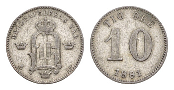 Швеция 10 эре 1881 Оскар II (1872-1907) KM 755 серебро 1518-812