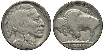 США 5 ЦЕНТОВ 1937 ИНДЕЕЦ, БИЗОН KM 134 медно-никель 27-657