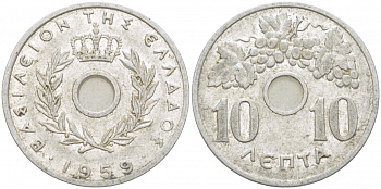 ГРЕЦИЯ 10 ЛЕПТА 1959 ПАВЕЛ I (1947-1964), ВИНОГРАДНАЯ ГРОЗДЬ KM 78 алюминий 77-932