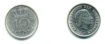 НИДЕРЛАНДЫ 10 ЦЕНТОВ 1963 ЮЛИАНА KM 182 никель 76-336
