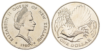 Новая Зеландия 1 доллар 1980 Птицы Новой Зеландии - Веерохвостка KM 49 медно-никель BU 4386-323