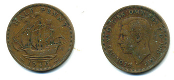 Великобритания 1/2 пенни 1940 Георг VI (1936-1952) KM 844, Spink 4115 бронза 4383-1015