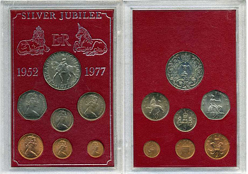 Великобритания набор из 7 монет 1977 25 лет правления Елизаветы (1952-1977), в пластиковой упаковке UNC 3-6-4-9
