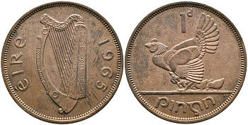 ИРЛАНДИЯ 1 ПЕННИ 1965 КУРИЦА С ЦЫПЛЯТАМИ KM 11 бронза 4531-716