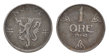 Норвегия 1 эре 1942 Хокон VII (1905-1957) KM 387 железо 4658-124