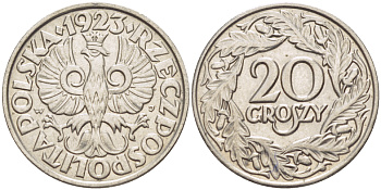 ПОЛЬША 20 ГРОШЕЙ 1923 KM 12, Parchimowicz 105 никель 216-916