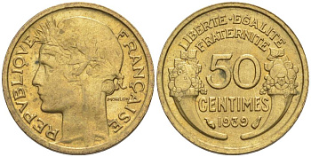 ФРАНЦИЯ 50 САНТИМОВ 1939 ТИП MORLON KM 894.1, LE FRANC 192.15 алюминиевая бронза 44-842