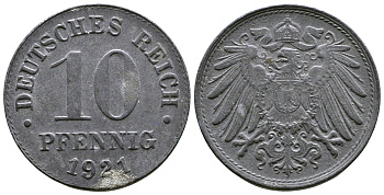 ГЕРМАНИЯ 10 ПФЕННИГОВ 1921 KM 26, J. 299 цинк 4364-817