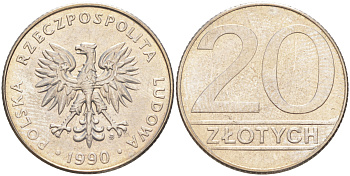 Польша 20 злотых 1990 MW KM 153.2, Parchimowicz 255b медно-никель 106-657