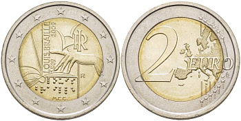 Италия 2 евро 2009 200 ЛЕТ СО ДНЯ РОЖДЕНИЯ ЛУИ БРАЙЛЯ KM 310 биметалл UNC 4514-952