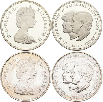 Великобритания набор из 2 монет по 25 пенсов 1981 Королевская свадьба принца Чарльза и леди Дианы, в буклете, Елизавета II (1952-2022) KM 925а, 925, Spink 4229 серебро, медно-никель PROOF, UNC 7-5-1-03