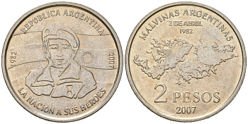 Аргентина 2 песо 2007 25 лет оккупации Фолклендских островов KM 144 медно-никель 4168-632