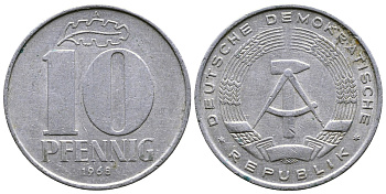 ГДР 10 пфеннигов 1968 А KM 10 алюминий 4364-1753