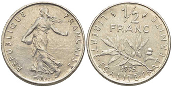 ФРАНЦИЯ 1/2 ФРАНКА 1976 СЕЯТЕЛЬ KM 931.1, LE FRANC 198.15 никель 175-945