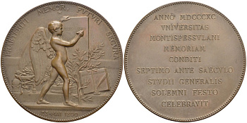 ФРАНЦИЯ МЕДАЛЬ 1890 600 ЛЕТ УНИВЕРСИТЕТУ МОНПЕЛЬЕ (1289-1989), 23 МАЯ 1890, АНГЕЛ, ДИАМЕТР 59,5 ММ., МЕДАЛЬЕР ALPHEE DUBOIS бронза 00-00