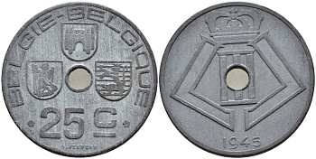 БЕЛЬГИЯ 25 САНТИМОВ 1945 BELGIE-BELGIQUE KM 132 цинк 4395-435