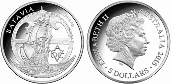 Австралия 5 долларов 2015 катастрофы в океане, парусник галеон Батавия, коробка, сертификат KM NEW серебро PROOF 3-4-6-10