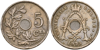 Бельгия 5 сантимов 1923 Король Альберт I (1910 - 1934) KM 67 медно-никель 39-1143