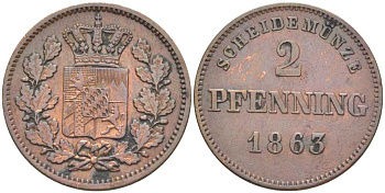 Бавария 2 пфеннига 1863 Максимилиан II (1848-1864) KM 472 медь 201-1028