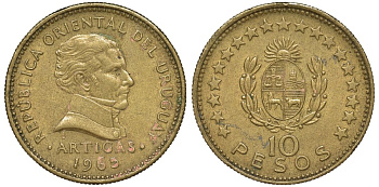 Уругвай 10 песо 1965 KM 48 алюминиевая бронза 69-725