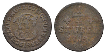 Юлих-Берг 1/4 штюбера 1785 PR, Карл Теодор (1743-1799) KM 205 медь 4654-112