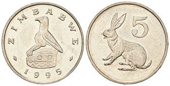 Зимбабве 5 центов 1995 рыжий кролик KM 2 медно-никель UNC 4615-1144