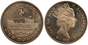 Остров Мэн 5 фунтов 1991 АА, рыбацкая лодка, рыбы, рак KM 215 вирениум UNC 1078-5-42