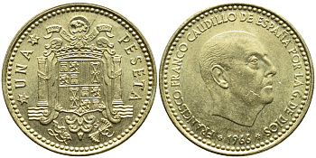 ИСПАНИЯ 1 ПЕСЕТА 1966 (69) ФРАНСИСКО ФРАНКО ДИКТАТОР ИСПАНИИ (1939-1975) КМ 796 алюминиевая бронза 4395-346