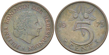 НИДЕРЛАНДЫ 5 ЦЕНТОВ 1973 ЮЛИАНА (1948-1980) KM 181 бронза 213-1121