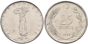 Турция 25 куруш 1977  KM 892.3 сталь 4595-512