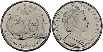 Остров Мэн 1 крона 2009 кошка-шиншилла с котенком КМ 1416 медно-никель UNC M81-01