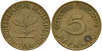 ФРГ 5 пфеннигов 1966 D J.382, KM 107 сталь плакированная латунью    4598-815