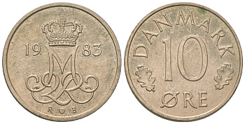 Дания 10 эре 1983 R; B, Маргрете  II (1972-2024) KM 860.3 медно-никель UNC 4651-148