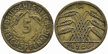 ГЕРМАНИЯ 5 РЕЙХСПФЕННИГОВ 1926 А KM 39, J. 316 алюминиевая бронза 112-127