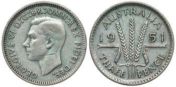 Австралия 3 пенса 1951 m, Георг VI (1937-1952), без букв KM 44 серебро 71-324