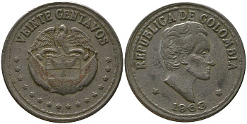 Колумбия 20 сентаво 1963 KM 215.2 медно-никель 4529-644