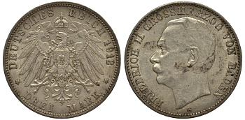 Баден 3 марки 1912 Фридрих II (1907-1918) J. 39, KM 280 серебро    3711-1725