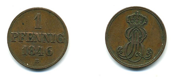 Ганновер 1 пфенниг 1846 B, Эрнст Август (1837-1851) KM 201.1, AKS 129, J. 74 медь 35-831