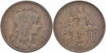 ФРАНЦИЯ 10 САНТИМОВ 1913 ТИП ДАНИЭЛЬ ДЮПЮИ KM 843, LA FRANC 136.23 бронза 109-322
