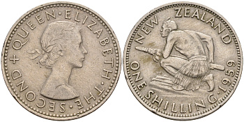 Новая Зеландия 1 шиллинг 1959 Елизавета II (1952-2022), абориген KM 27.2 медно-никель  00-00