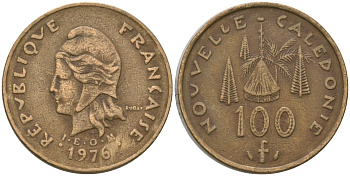 Французская Новая Каледония 100 франков 1976 R·JOLY (с точкой), хижина среди сосен и пальм, (IEOM) KM 15, Schoen 16, Lec 130 никель латунь 4137-634