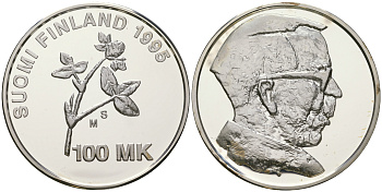 Финляндия 100 марок 1995 100 лет со дня рождения Арттури Виртанен, биохимик, тираж 3000 экземпляров KM 80 серебро  PROOF  1095-1-13