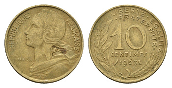 Франция 10 сантимов 1963 KM 929 алюминиевая бронза 4674-558