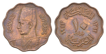 Египет 10 миллим 1938 KM 361 бронза 4673-353