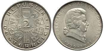 Австрия 2 шиллинга 1931 175 лет со дня рождения Моцарта KM 2847 серебро 413-5831