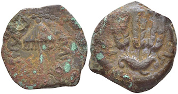 Иудея, династия Ирода прута 41/42 год Агриппа I, греческая легенда 'царь Агриппа', зонт / три хлебных колоса, дата (6-й год правления), Иерусалим Hendin 1244 медь 1073-21-34